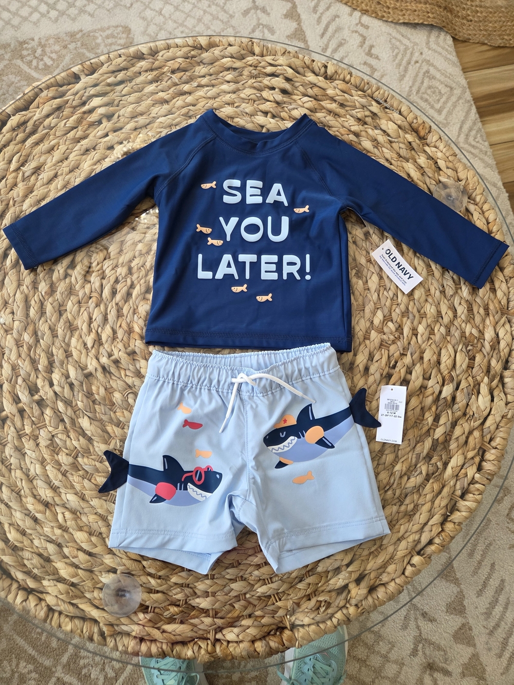 *NWT*Old Navy Boys "Sea You Later" Rash Guard & Light Blue Shark Swim Shorts Set